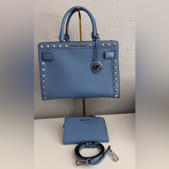 MICHAEL KORS Purse +Phone Wallet Rayne East West Satchel Leather French Blue - Picture 1 of 13